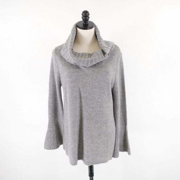 Saks Fifth‎ Avenue Gray Cowl Rolled Neck Large Flutter Sleeve Sweater Pullover - Picture 1 of 8